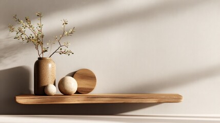 Poster - A stylish wooden shelf displays a ceramic vase and organic shapes, reflecting a minimalist aesthetic with soft natural light enhancing the decor's elegance.