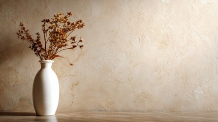 Poster - A minimalistic white vase holds delicate dried flowers against a soft, textured beige wall, creating a serene and calming atmosphere for decoration or photography.