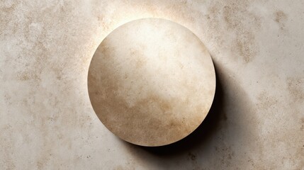 Poster - This image features a simple, textured circular shape illuminated by soft light against a pale, textured wall, creating a serene and minimalist atmosphere.