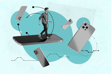 Aufkleber - Full 3d poster art collage of happy businesswoman businessman stand phone screen workload tension it-specialist workaholic