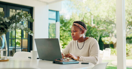 Poster - Laptop, backyard and black woman in home for remote work, creative career and copywriting. Happy, patio and person on computer for online review, writing article and digital magazine in house