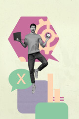 Poster - Image vertical photo pop collage of happy girl guy send receive message notification speech chat networking dialogue gearwheel