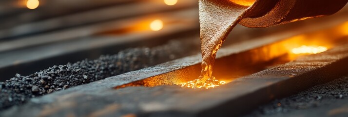 Poster - Molten metal pouring from a furnace in an industrial setting, creating a vibrant orange glow.