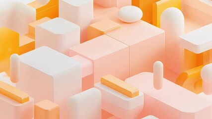 Poster - Abstract Geometric Composition with Pink White Yellow and Orange Isometric Shapes