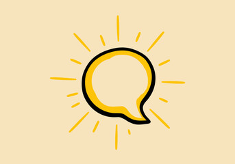 Poster - Yellow speech bubble outlined in black with sunlike lines emanating from it on a beige background