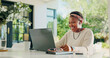 © peopleimages.com - Earphones, laptop and planning with black woman in home for banking loan, virtual consultant and review. Online application, mortgage and budget report with person outdoor for asset, search and smile