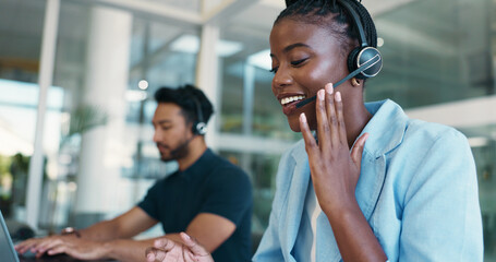 Poster - Call center, chat or black woman with headset for communication, consulting or loan advice. Virtual assistant, financial advisor or coworking with mic for feedback, online inquiry or credit limit