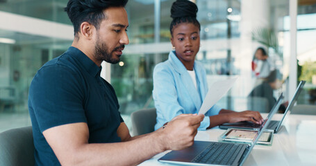 Aufkleber - Office, colleagues and people with document, reading and account manager with financial performance. Collaboration, man and woman with paperwork for sales, serious and review of report or laptop