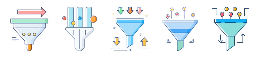 Poster - Set of vector icons depicting a variety of filter and funnel illustrations