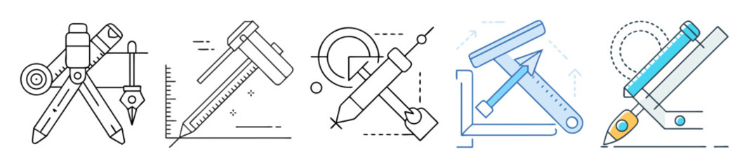 Poster - Technical drawing tools and instrument icons set, professional engineering design items