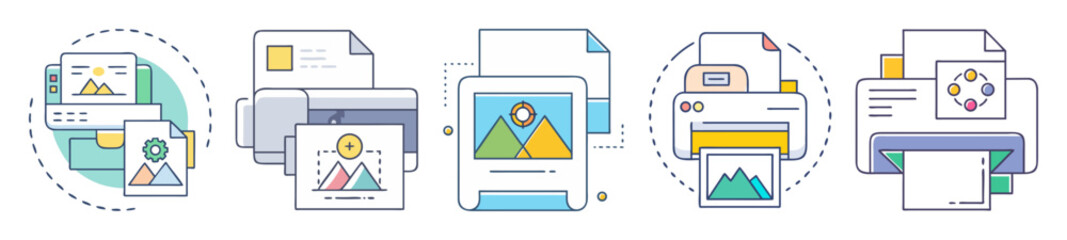 Aufkleber - Conceptual image showing different types of printers and documentation processes in various styles