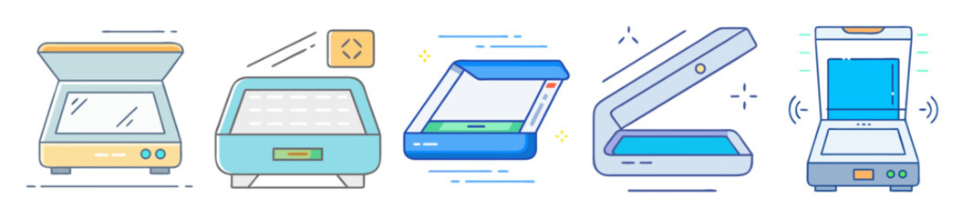 Aufkleber - Collection of five vector illustrations showing different types of office scanners
