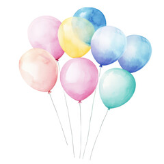 Wall Mural - Watercolor Balloons: A cluster of vibrant, pastel-colored balloons float gently, their soft hues and airy forms evoking a sense of joy and celebration. Painted with a watercolor style.