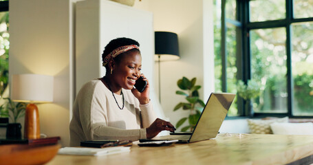Poster - Phone call, happy and black woman on laptop for remote work, virtual assistance and consulting. Planning, house and person on computer talking on smartphone for communication, contact and website