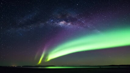Wall Mural - Aurora lights dance through the dark cosmos, painting a vibrant rainbow nebula across the night sky, illuminated by distant stars and a bright moon