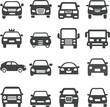 © Prageeth - Minimalist vector collection of front-facing car icons in black silhouette style, representing various vehicle types for urban transport, traffic visuals, and automotive design themes