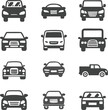 © Prageeth - Comprehensive black silhouette vector set of diverse front view car icons on white background, ideal for transportation graphics, urban mobility apps, and automotive UI design