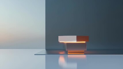 Poster - Minimalist Geometric Podium With Orange Light and Reflective Surface In Abstract Setting