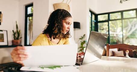 Poster - Woman, laptop and checking finance with documents for budget planning, review or analysis at home. Female person, freelancer or remote worker with paperwork, computer or financial report for expenses