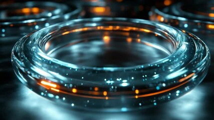 Poster - Glowing Circular Technology: A close-up view showcases three illuminated, transparent rings, emitting a vibrant, cool blue light that signifies connectivity and advanced technological processes.