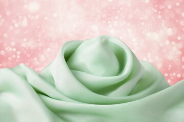 Poster - Elegant Green Fabric Rose on a Soft Pink Bokeh Background, Perfect for Fashion and Beauty Themes