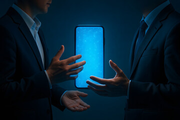 Poster - Digital Connection: Two figures engage in a futuristic interaction, a glowing mobile device becoming the focal point, symbolizing seamless digital connection.