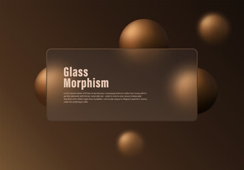 Poster - Glass morphism design with bronze glowing spheres on brown background
