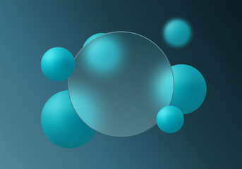 Poster - Modern glass morphism design with soft transparent circle and glowing cyan spheres on a cool blue gradient background