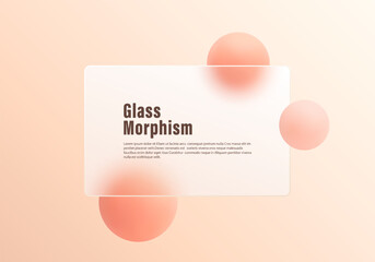 Poster - Bright composition in glass morphism style with soft green spheres and transparent rectangular panel on smooth pastel background.