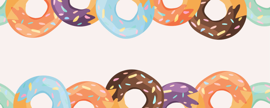 Vector border with bright donuts on top and bottom. Suitable for menus, packaging, business cards, text templates, cafe decoration and promotional layouts
