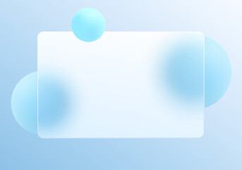 Poster - Minimal glassmorphism design with soft blue spheres and a translucent horizontal rectangle on pastel gradient background.