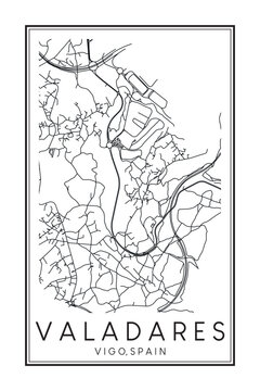 Hand drawn printable downtown road map poster of district VALADARES of the Spanish city of VIGO on solid white background with city name
