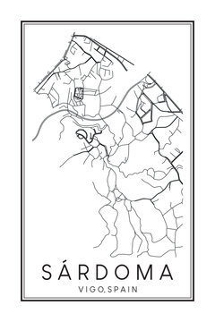 Hand drawn printable downtown road map poster of district SÁRDOMA of the Spanish city of VIGO on solid white background with city name