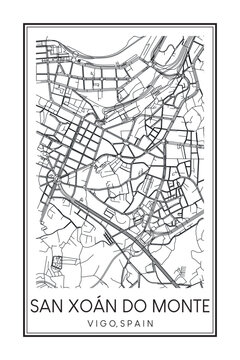 Hand drawn printable downtown road map poster of district SAN XOÁN DO MONTE of the Spanish city of VIGO on solid white background with city name
