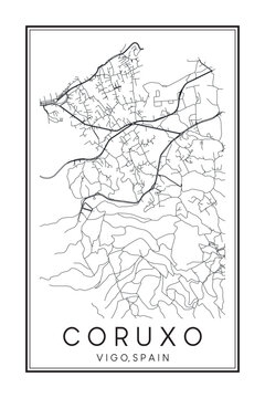 Hand drawn printable downtown road map poster of district CORUXO of the Spanish city of VIGO on solid white background with city name