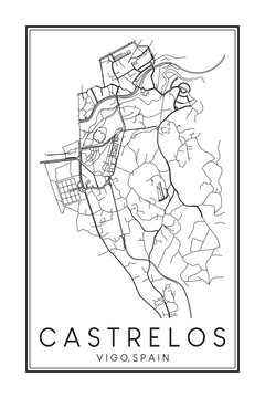 Hand drawn printable downtown road map poster of district CASTRELOS of the Spanish city of VIGO on solid white background with city name