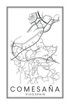 Hand drawn printable downtown road map poster of district COMESAÑA of the Spanish city of VIGO on solid white background with city name
