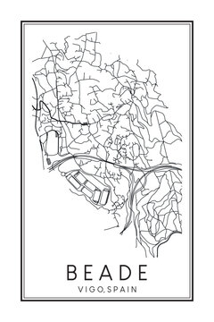 Hand drawn printable downtown road map poster of district BEADE of the Spanish city of VIGO on solid white background with city name