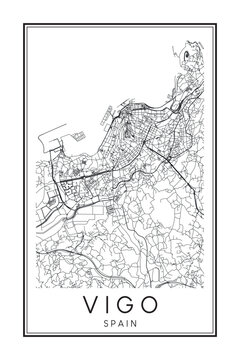 Hand drawn printable downtown road map poster of the Spanish city of VIGO on solid white background with city name