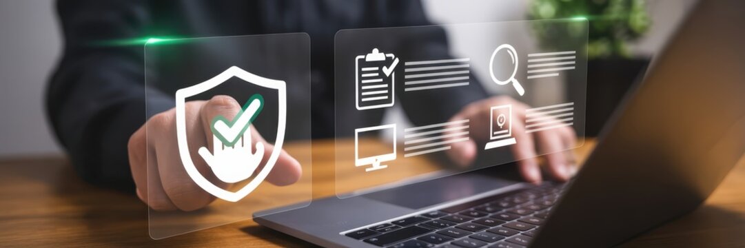 Person interacting with a holographic interface displaying security and management icons.