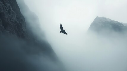 Aufkleber - A large bird gracefully flies above fog-covered mountains during early morning light.