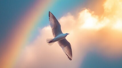 Poster - A bird glides gracefully through colorful clouds at sunset, with a rainbow arching above.