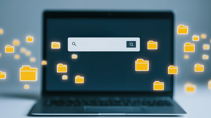Poster - Digital Search: A laptop displays an illuminated search bar on the screen, with digital folders floating around it.