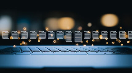 Poster - Digital Data Stream: Conceptual visualization of digital data flow, files and documents cascade across a laptop keyboard.  