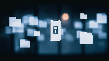 Poster - Secure Mobile Data: A modern smartphone with a lock icon symbolizing digital security hovers amidst floating file icons, representing secure and protected data storage in a digital world. 