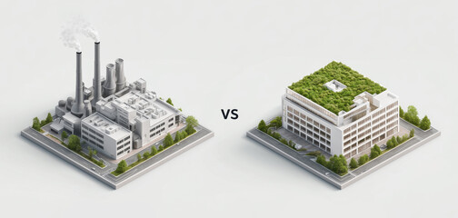 Poster - A detailed comparison illustrates two contrasting industrial setups. On one side, a traditional factory emits smoke, while on the other, an eco-friendly structure thrives with green roofs and trees.