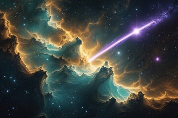 Wall Mural - A Brilliant Golden and Teal Nebula in the Endless Cosmos with a Violet Shooting Star