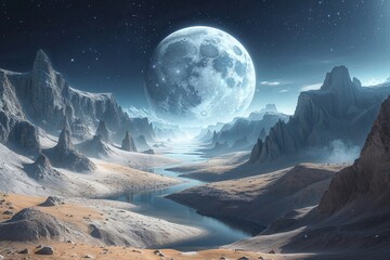 Wall Mural - Ethereal Celestial Valley: A Dreamlike Landscape on a Distant Moon in the Universe