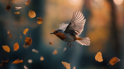 Poster - A small bird gracefully soars through the air surrounded by colorful autumn leaves.