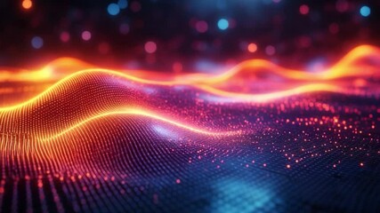 Aufkleber - Abstract digital landscape: A mesmerizing digital landscape of glowing orange and blue particles creates a sense of depth and motion, with blurred bokeh lights adding to the dynamic composition.